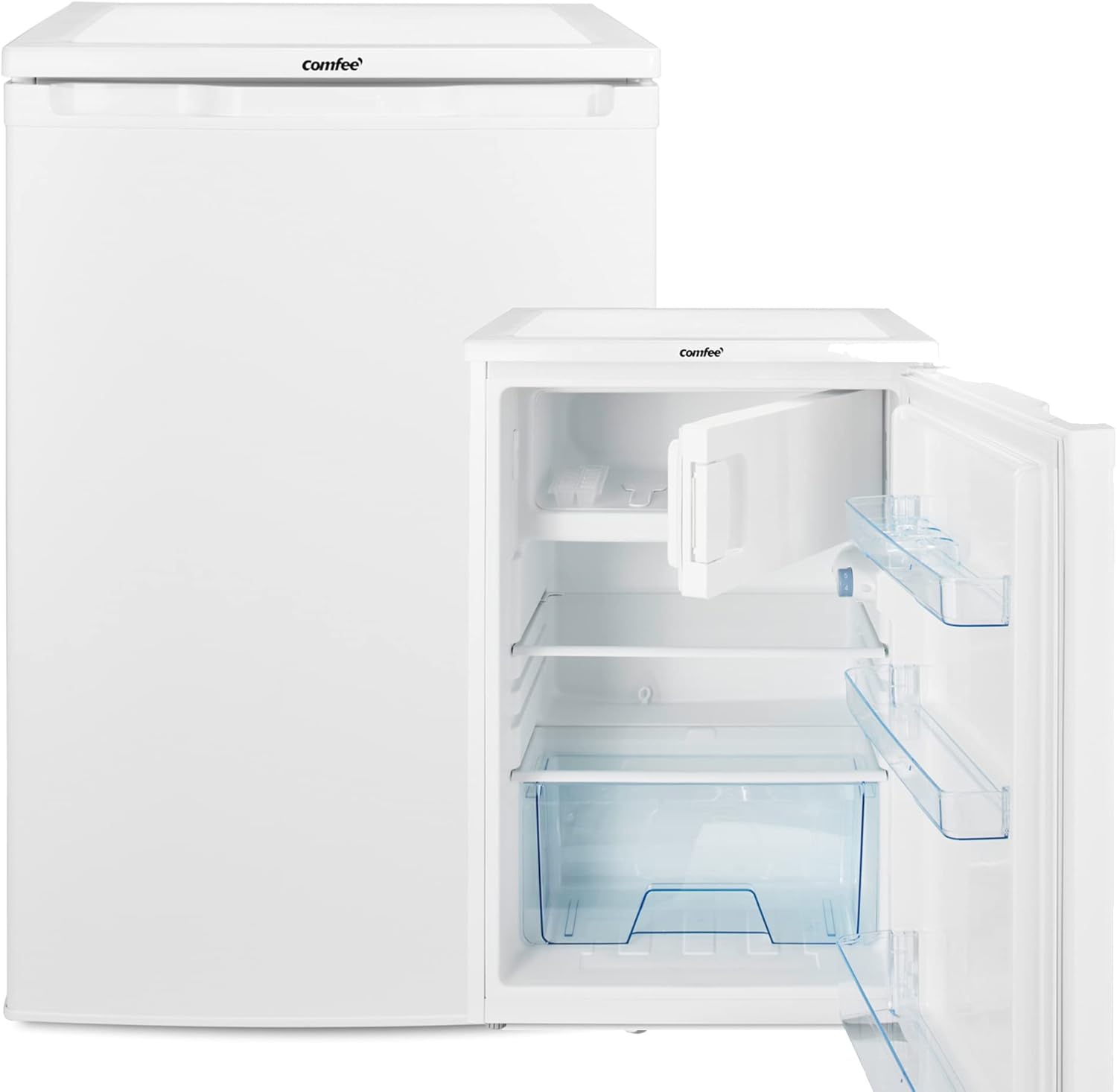 comfee RCD158WH2 Tischmodell mit Eisfach, 39 dB, 97 Liter, Stauraum, 70 Watt, wechselbarer Türanschlag, Abtauautomatik