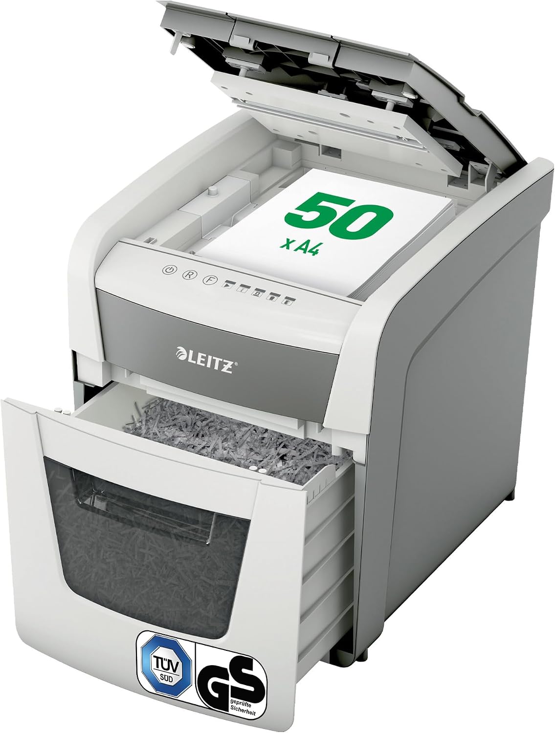 Leitz IQ Autofeed Small Office Aktenvernichter Tisch, 50 Blatt Papierstapel schreddern, Partikelschnitt P4, 20L Abfallbehälter, 80350000