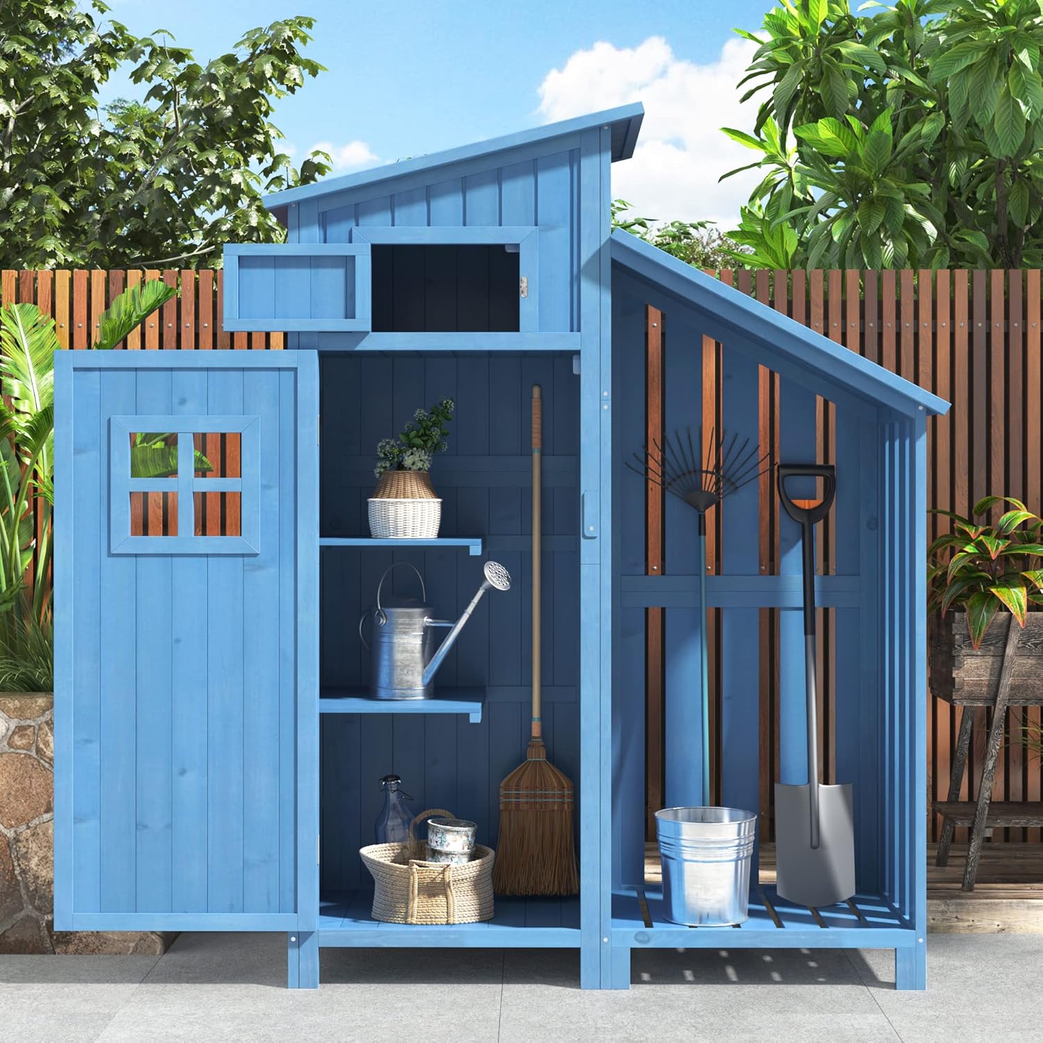 Gerätehaus Gartenschrank Geräteschuppen mit Drehbarer Riegel, 124 × 46 × 174 cm, Stauraum, Pultdach und 2 Ablagen, massives Tannenholz, Wetterfest