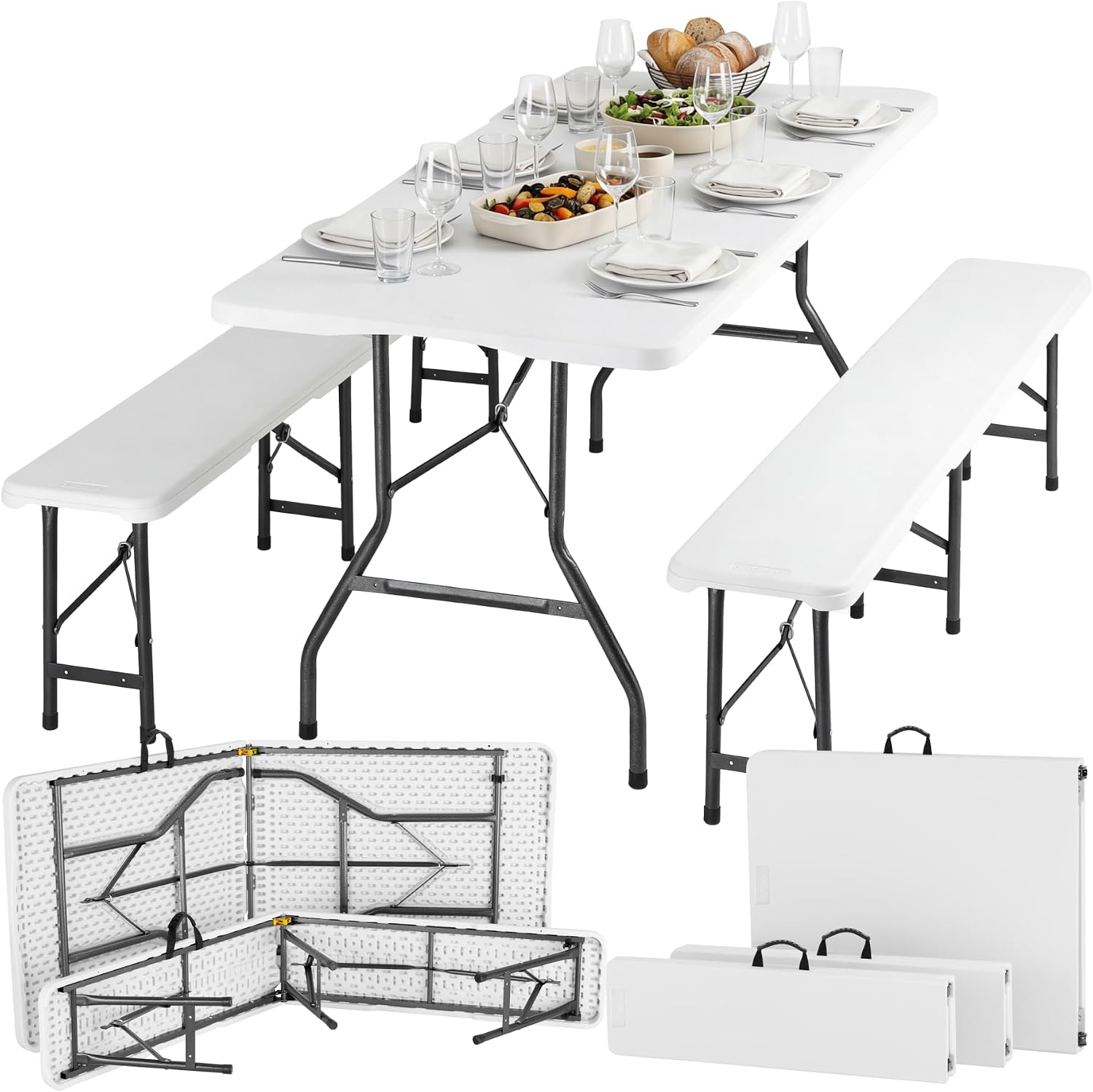 tectake 3-teiliges Gartenmöbel, 180 cm lang (weiß), klappbarer Campingtisch mit 2X Bierbank, wetterbeständig
