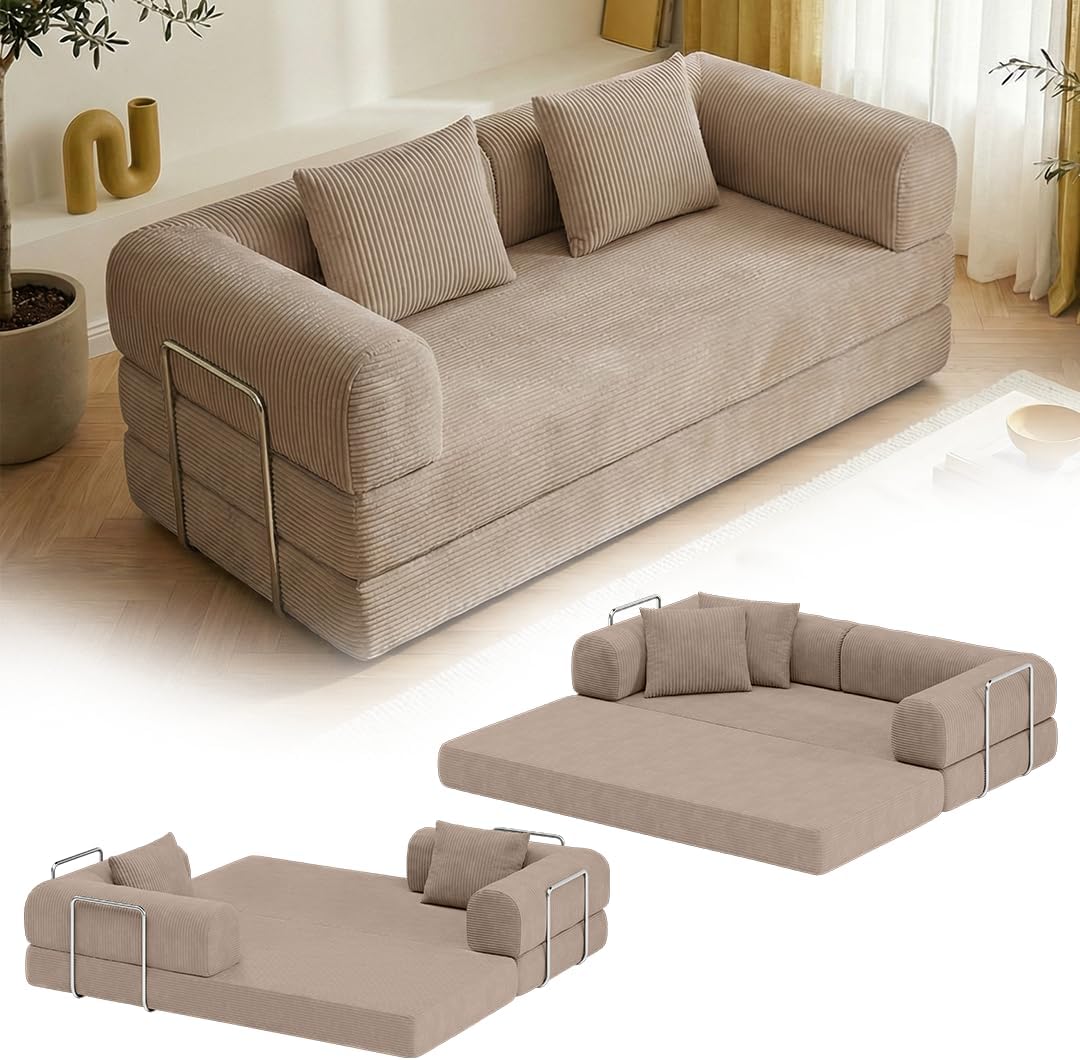 skølm Lofn Schlafsofa, Vollschaumcouch in Taupe 200 cm breit, 200 × 150 cm großen Liegefläche ausklappen, 2 Sitzer Couch ausklappbar zum Bodensofa