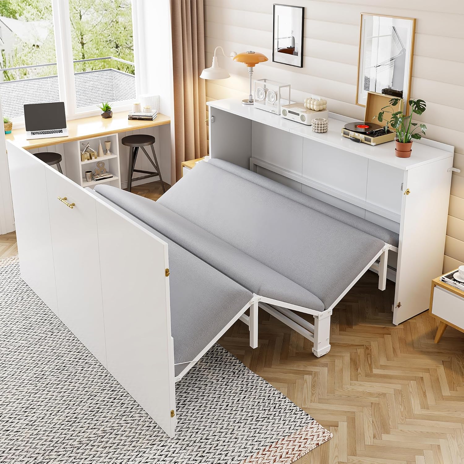 Schrankbett 140 × 200 cm, Klappbares Doppelbett mit Matratze und Lattenrost, Wandbett Klappbett mit Schrank