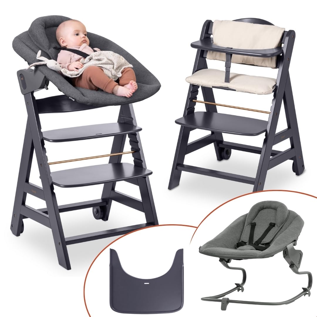 hauck Beta+ Hochstuhl Newborn Set mit Bouncer, Mitwachsender Holz Kinderhochstuhl mit Rollen ab Geburt bis 90 kg, verstellbar