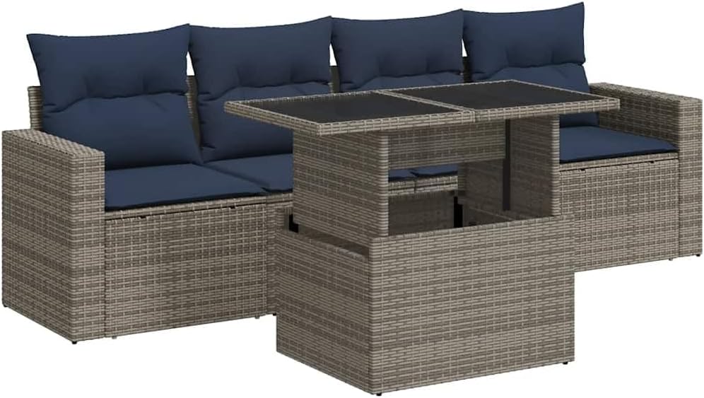vidaXL 5-TLG. Garten-Sofagarnitur mit Kissen Grau Poly Rattan Akazie, Stauraum