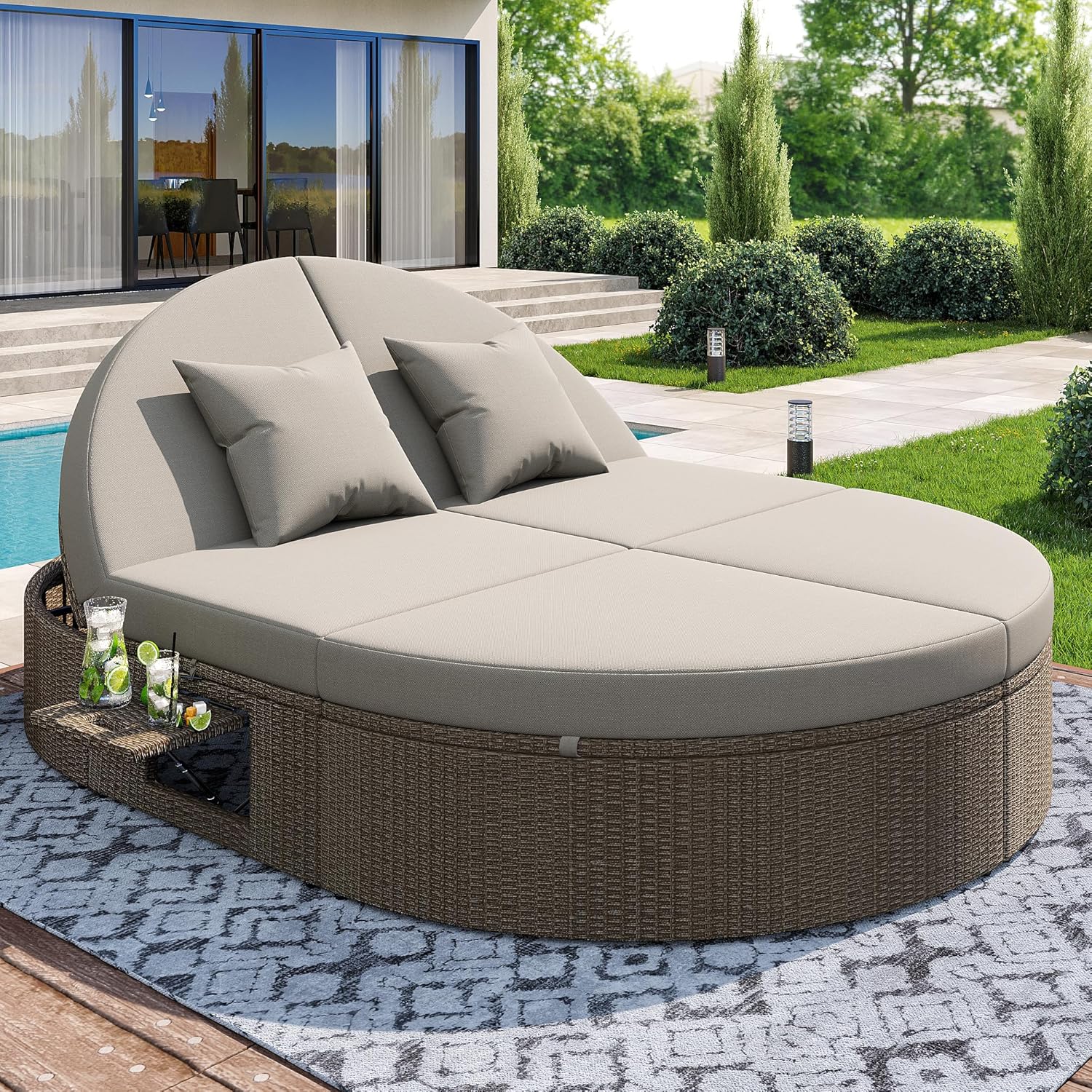 Rattan Doppel-Liege, Outdoor Daybed, Gartenliege mit seitlichem Regal, 8 cm, Sonnenliege Doppelliege 2 Personen Klapptisch, Rattan Doppel-Liege