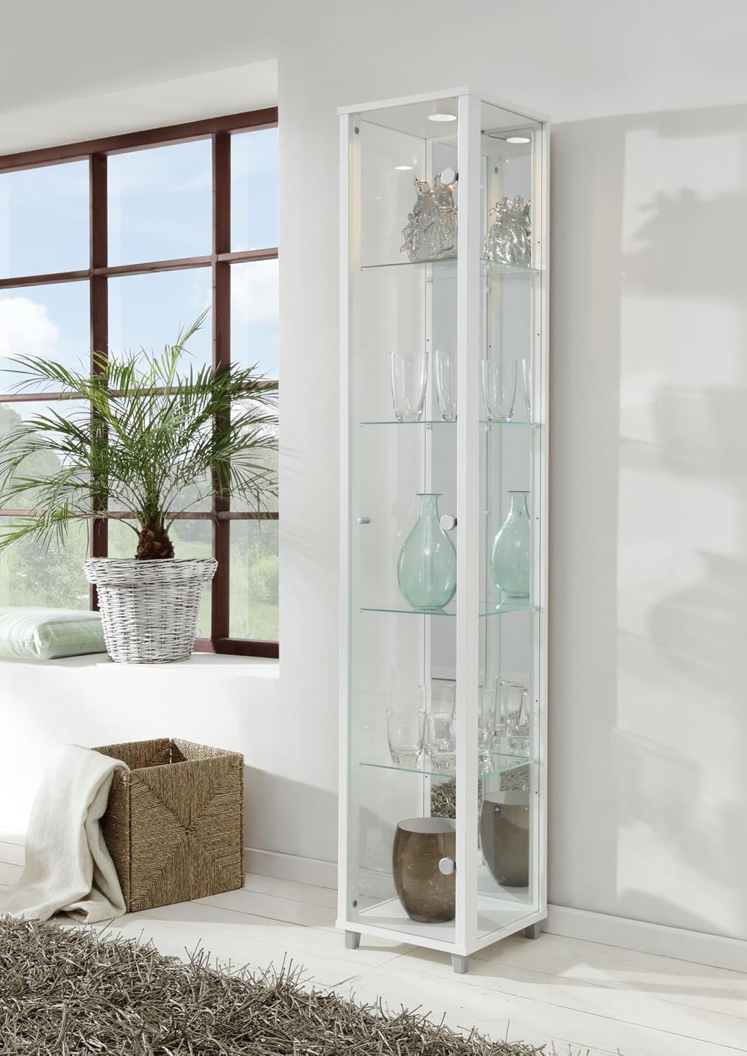 VR-Wohnwelten Glasvitrine (172 × 32 × 33 cm) in Schrank, einer Tragkraft von 5 kg pro Boden, Spiegel und LED, Stauraum