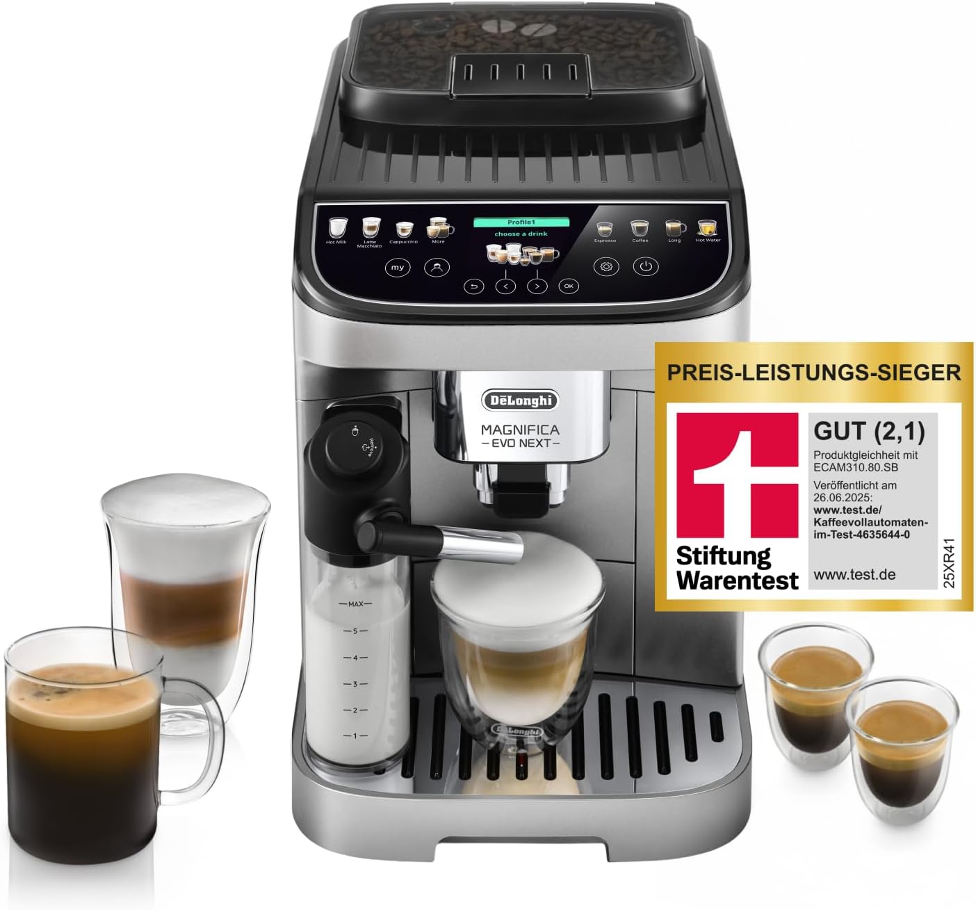 De'Longhi Magnifica Evo Next - Perfetto Kaffeevollautomat, farbiges Touch-Display, 13 One-Touch-Getränke, Coffee- und Cappuccino Kaffeemaschine